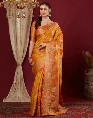 SIRIL Woven, Embellished Banarasi Organza Saree(Yellow, Orange)