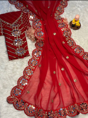 VRLOOKMEFASHION Embroidered Bollywood Georgette Saree(Red)
