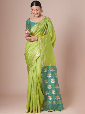 House of Pataudi Woven Daily Wear Silk Blend Saree(Green)