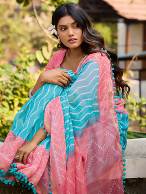 ANOUK Printed Hand Batik Cotton Blend Saree(Light Blue)