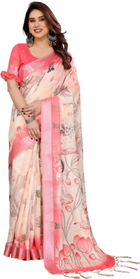 LAVISHBOI Printed Daily Wear Cotton Linen Saree(Pink)
