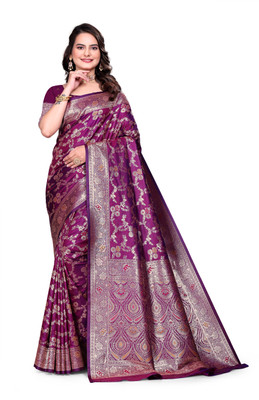 GHODTEXTILE Woven, Self Design, Floral Print, Temple Border Banarasi Pure Silk Saree(Purple)