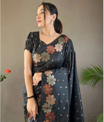 Bindi Woven, Floral Print Banarasi Pure Silk Saree(Black)