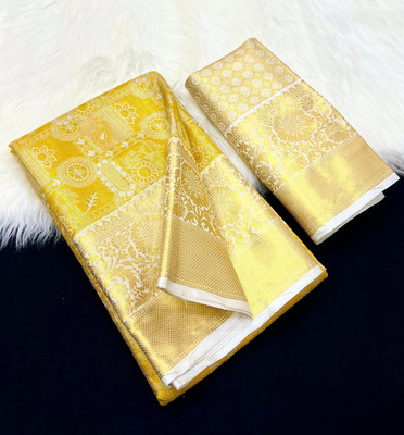 MY LOFY Woven Kanjivaram Cotton Silk Saree(Gold, Yellow, White)