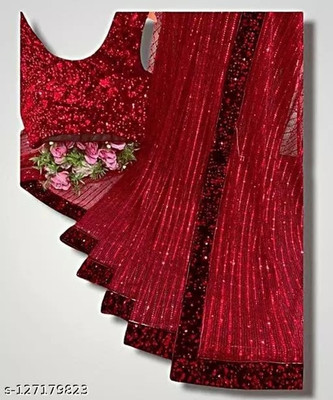 OZONE DESIGNS Striped Bollywood Net Saree(Maroon)