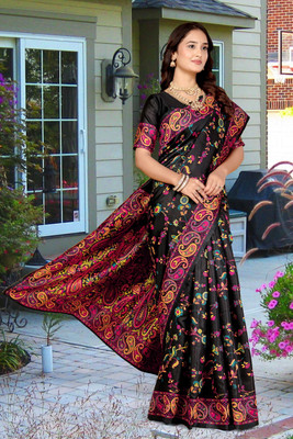 Wovenza Self Design, Woven Bollywood Cotton Blend, Semi-Pashmina Saree(Black)