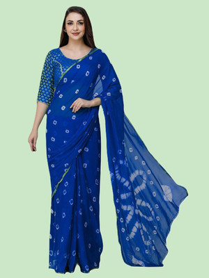 SainiVastra Printed Bandhani Chiffon Saree(Blue)