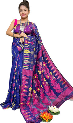 basak creation Woven Jamdani Cotton Blend Saree(Mustard)