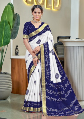 Divastri Blocked Printed, Printed Chanderi Cotton Blend Saree(White, Dark Blue)