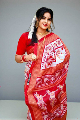 Tareninx Printed Sambalpuri Pure Cotton Saree(Red, White)