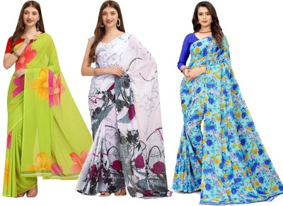Dori Floral Print Daily Wear Georgette Saree(Pack of 3, White, Light Blue, Light Green)