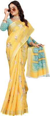 HouseOfCommon Printed Kanjivaram Pure Cotton, Cotton Linen Saree(Yellow)