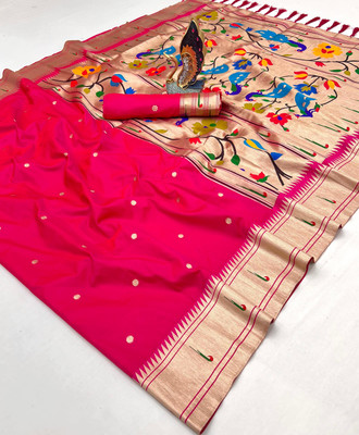 PANZORA Woven Paithani Cotton Silk Saree(Pink)