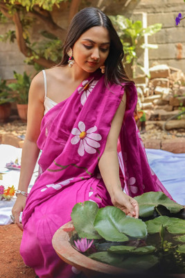 WINKLECART Printed Handloom Handloom Mulmul, Cotton Linen Saree(Pink)