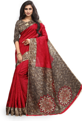 Grubstaker Geometric Print Assam Silk Art Silk Saree(Red)
