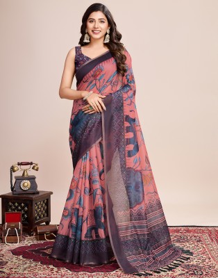 Samah Printed, Embellished Kalamkari Linen Saree(Multicolor, Pink, Purple)