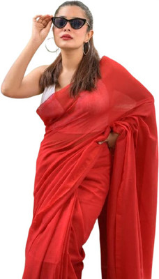kalpana handloom Solid/Plain Handloom Cotton Blend Saree(Red)