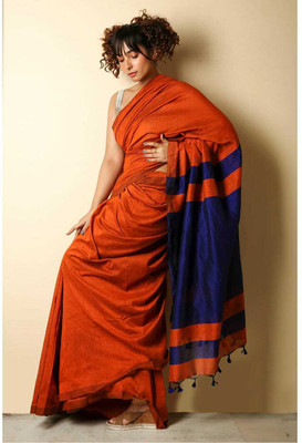Parbati fashion Solid/Plain Handloom Cotton Blend Saree(Orange)