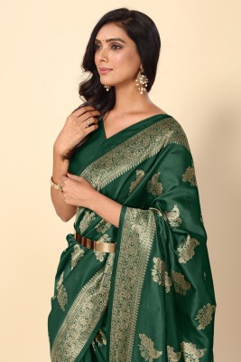 MIRCHI FASHION Woven, Embellished Kanjivaram Silk Blend Saree(Dark Green, Gold)