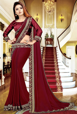 Offirra International Temple Border Banarasi Lycra Blend, Chiffon Saree(Pack of 2, Maroon)