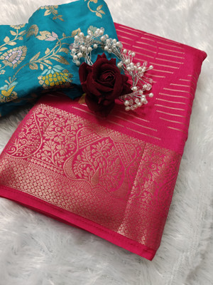 Sakhi Vastra Striped, Woven Banarasi Jacquard, Silk Blend Saree(Pink)