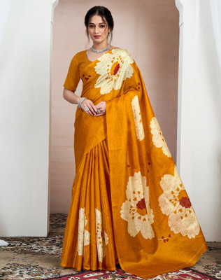 SIRIL Floral Print, Printed Daily Wear Cotton Blend Saree(Yellow)