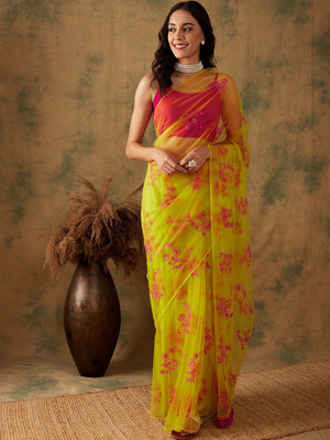 Sangria Embroidered Daily Wear Net Saree(Yellow, Pink)