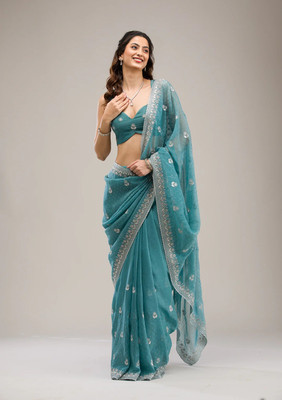 Aarvi Enterprise Embroidered Saree with Attached Blouse Tissue Saree(Blue)