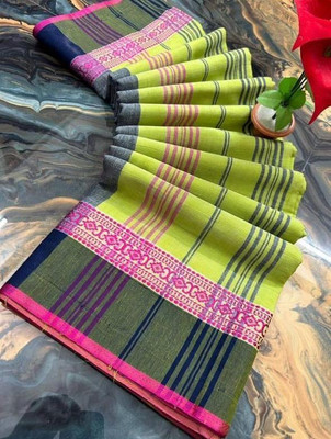 BiswasTextiles Self Design Handloom Cotton Blend Saree(Light Green)