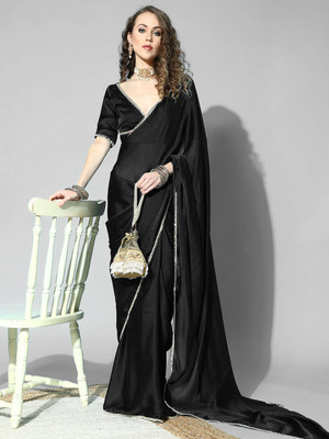 Femane Solid/Plain Bollywood Silk Blend Saree(Black)