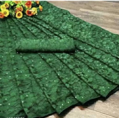 Nilkanthvarni Creation Self Design Bollywood Net Saree(Green)
