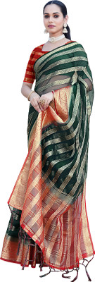 Aarunika SKT Striped Bollywood Organza Saree(Dark Green)