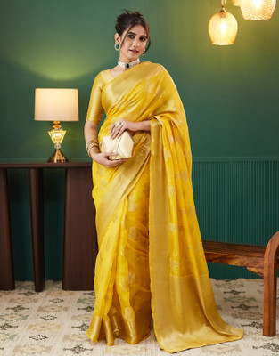 Satrani Woven, Embellished Banarasi Tissue Saree(Yellow)