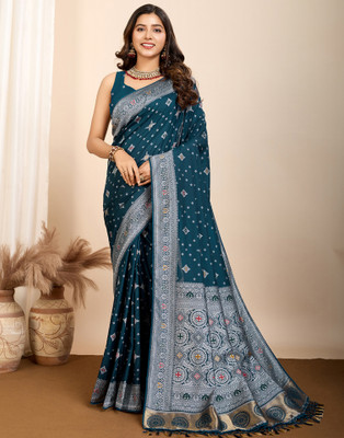 Satrani Woven, Embellished Patola Silk Blend Saree(Blue)