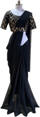 DRIZOMIZ Solid/Plain Bollywood Georgette Saree(Black)