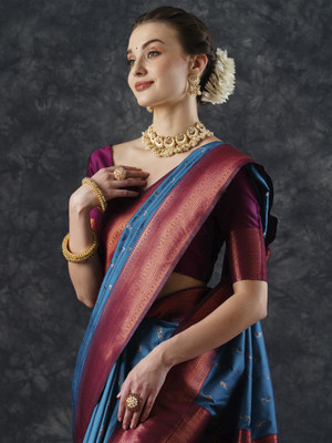 Sareemall Woven Banarasi Silk Blend Saree(Blue)