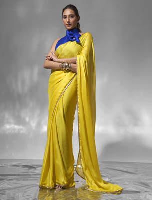 Kalista Solid/Plain, Embellished Bollywood Chiffon Saree(Yellow)