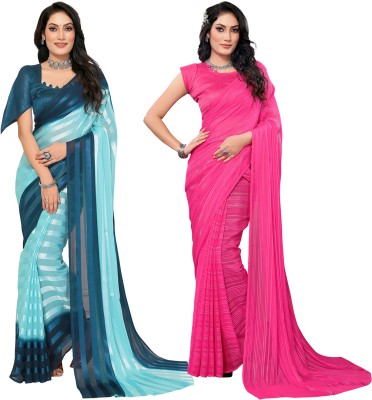 Anand Sarees Striped Bollywood Satin Saree(Pack of 2, Dark Blue, Light Blue, Pink)