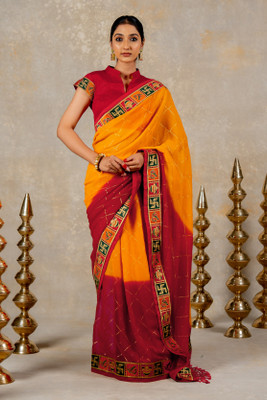 SUBHAM Checkered Daily Wear Georgette Saree(Orange, Red)