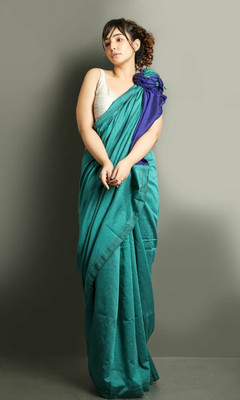 BeyondRetro Solid/Plain, Self Design Daily Wear Handloom Khadi, Pure Cotton Saree(Blue, Multicolor)