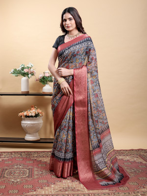 PK SAREES Printed Kalamkari Linen Saree(Multicolor)