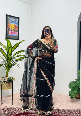 MEKRON Embroidered Bollywood Net Saree(Black)