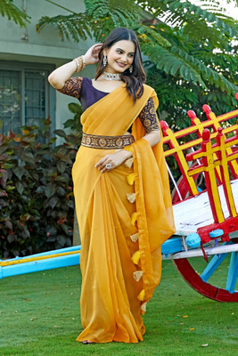 K 5 FASHION Solid/Plain Bollywood Organza Saree(Mustard)