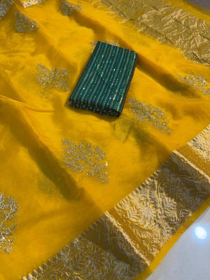 Anjam Embroidered Bollywood Organza Saree(Yellow)