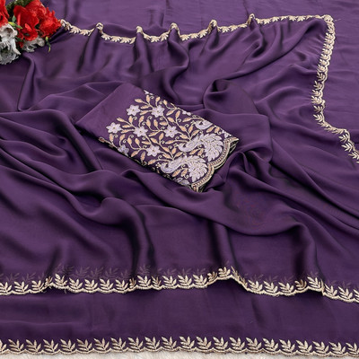 niesha fashion Embroidered, Floral Print, Paisley Bollywood Chiffon Saree(Purple)
