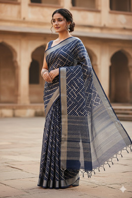 DIATRENDY Printed, Geometric Print, Woven Daily Wear Cotton Blend Saree(Blue)