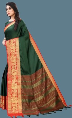 WILLMAKE Woven Kanjivaram Cotton Blend, Jacquard Saree(Green)