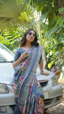 MIRCHI FASHION Printed, Embellished Bollywood Cotton Silk, Silk Blend Saree(Blue, Multicolor)