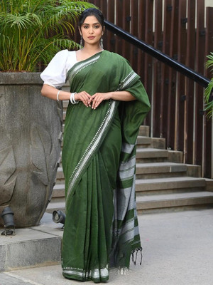 ACHOL Woven, Solid/Plain Handloom Cotton Blend Saree(Green)