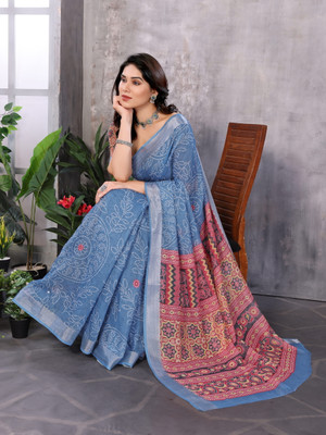 HITESH ENTERPRISE Floral Print Bollywood Cotton Linen Saree(Black)